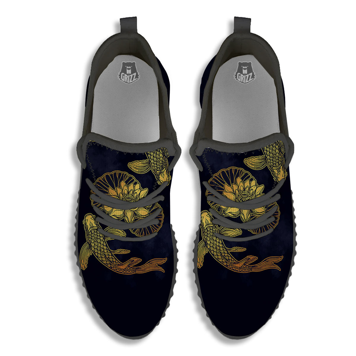 Koi Fish Golden Spiritual Print Black Walking Shoes-grizzshop