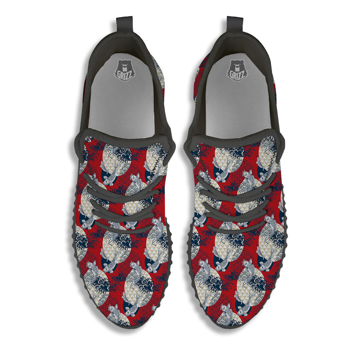 Koi Fish Japanese Wave Print Pattern Black Walking Shoes-grizzshop