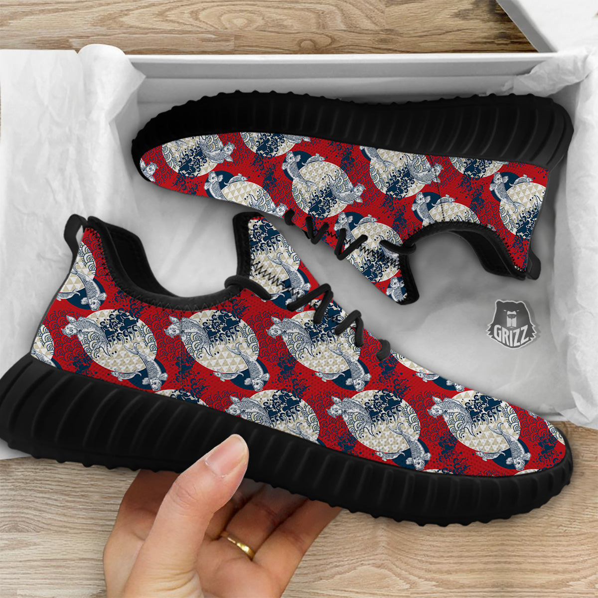 Koi Fish Japanese Wave Print Pattern Black Walking Shoes-grizzshop