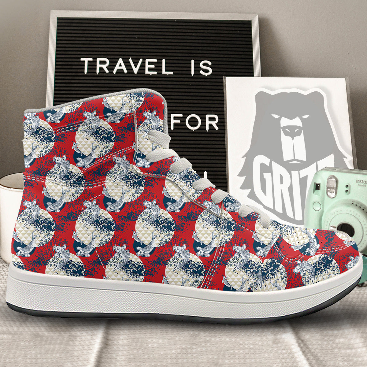 Koi Fish Japanese Wave Print Pattern High Top Sneakers-grizzshop