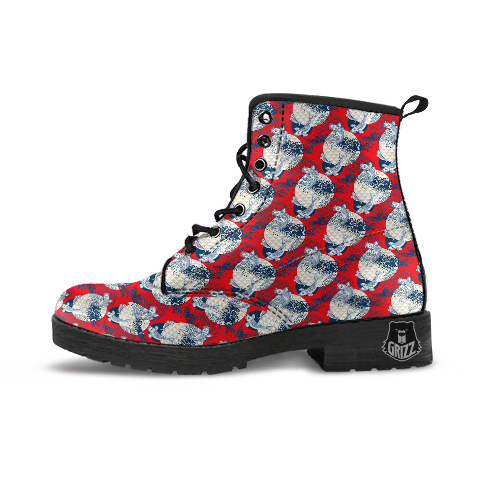 Koi Fish Japanese Wave Print Pattern Leather Boots-grizzshop