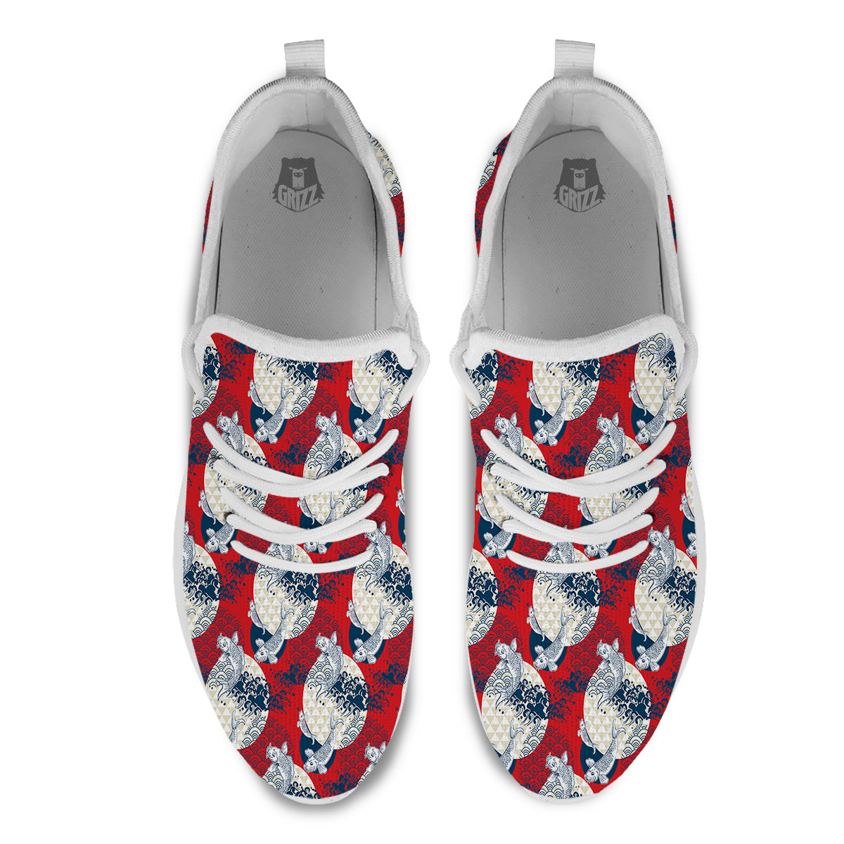 Koi Fish Japanese Wave Print Pattern White Athletic Shoes-grizzshop