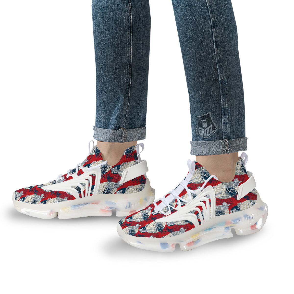 Koi Fish Japanese Wave Print Pattern White Gym Shoes-grizzshop