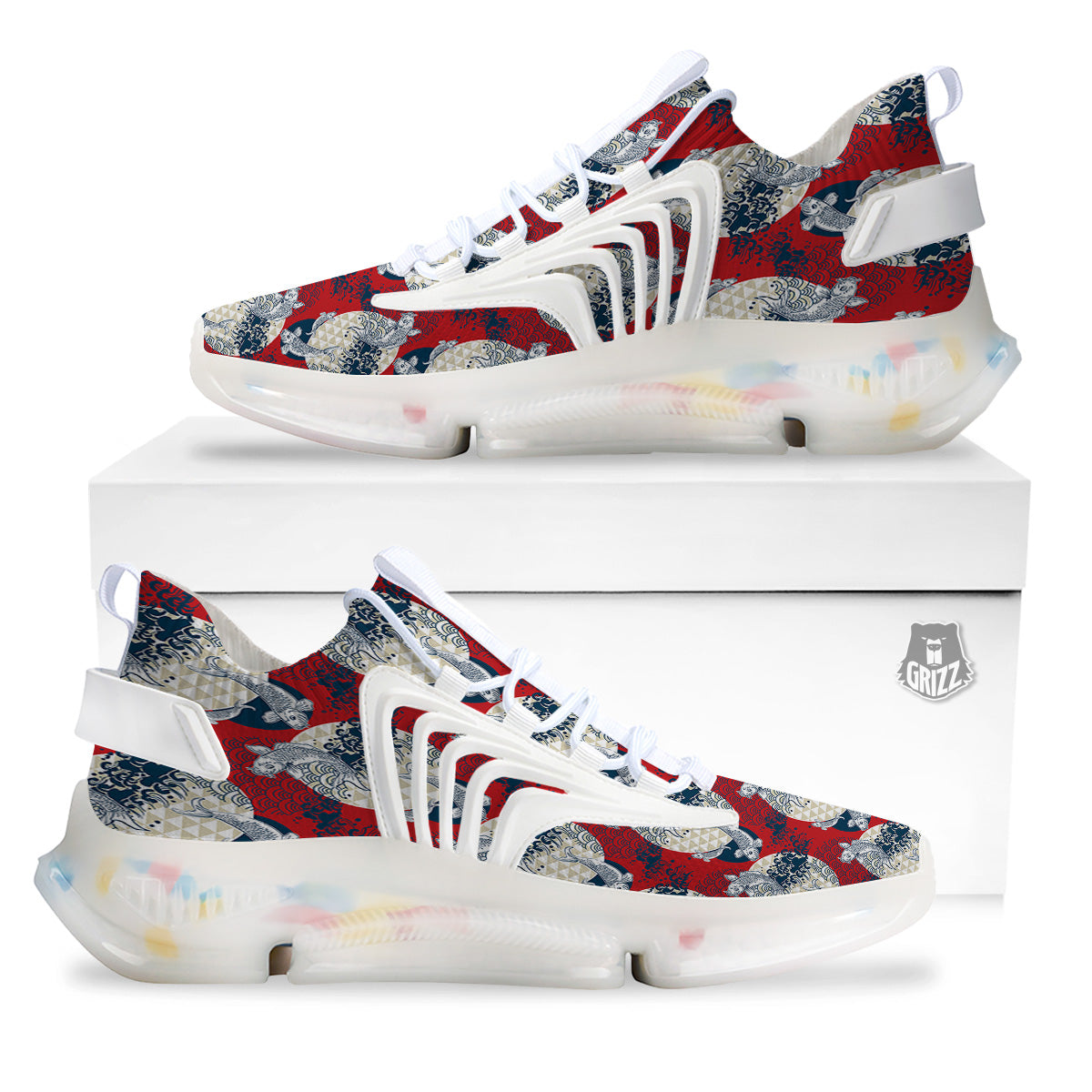 Koi Fish Japanese Wave Print Pattern White Gym Shoes-grizzshop