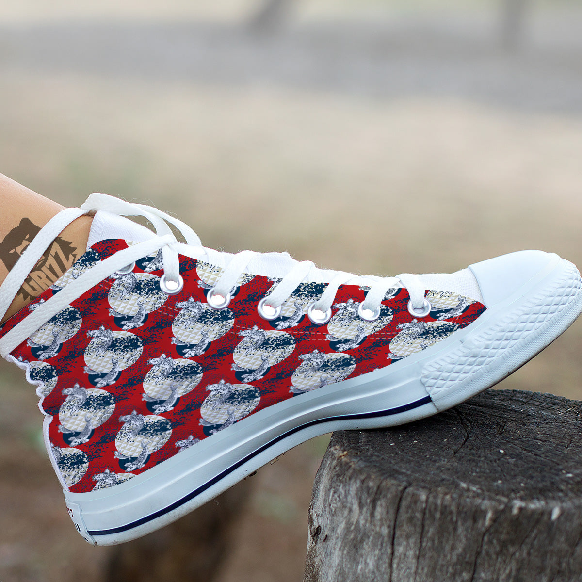 Koi Fish Japanese Wave Print Pattern White High Top Shoes-grizzshop