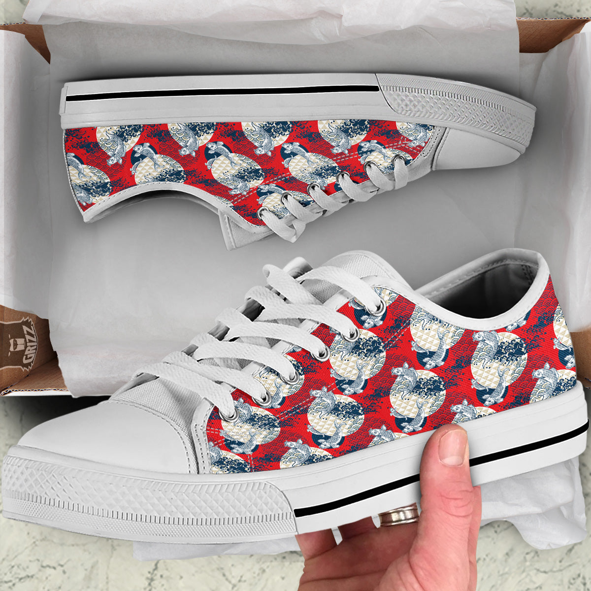 Koi Fish Japanese Wave Print Pattern White Low Top Shoes-grizzshop