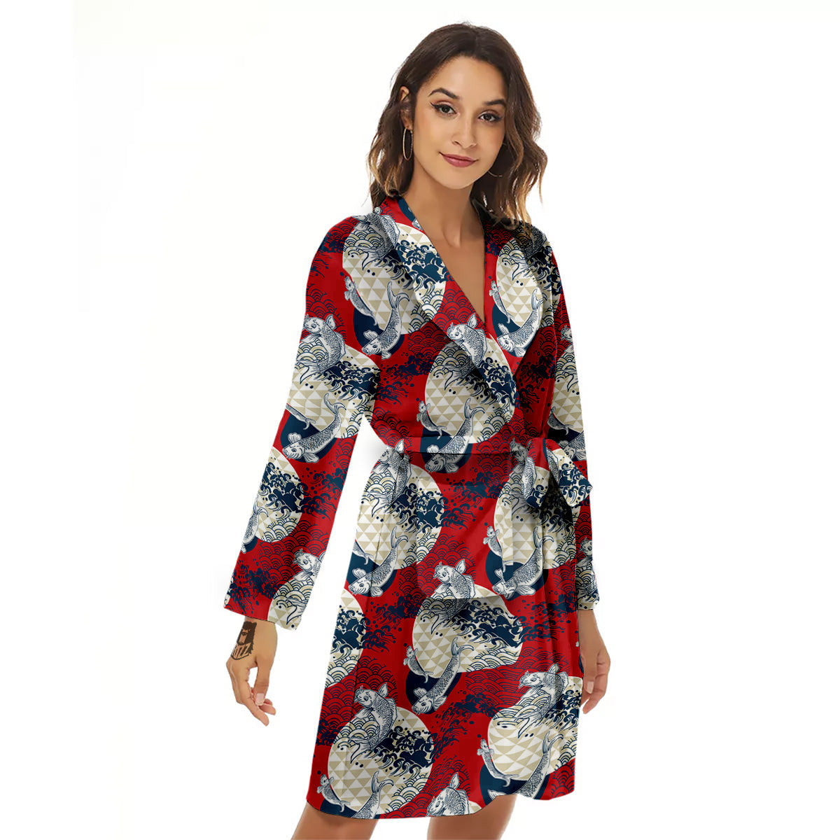 Koi Fish Japanese Wave Print Pattern Women's Robe-grizzshop