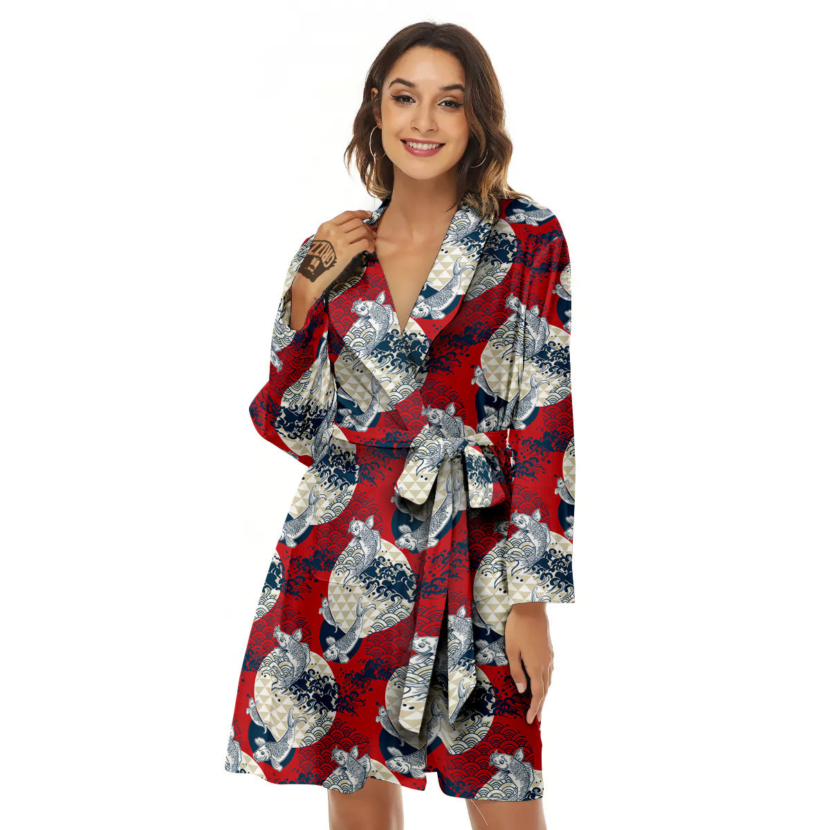 Koi Fish Japanese Wave Print Pattern Women's Robe-grizzshop