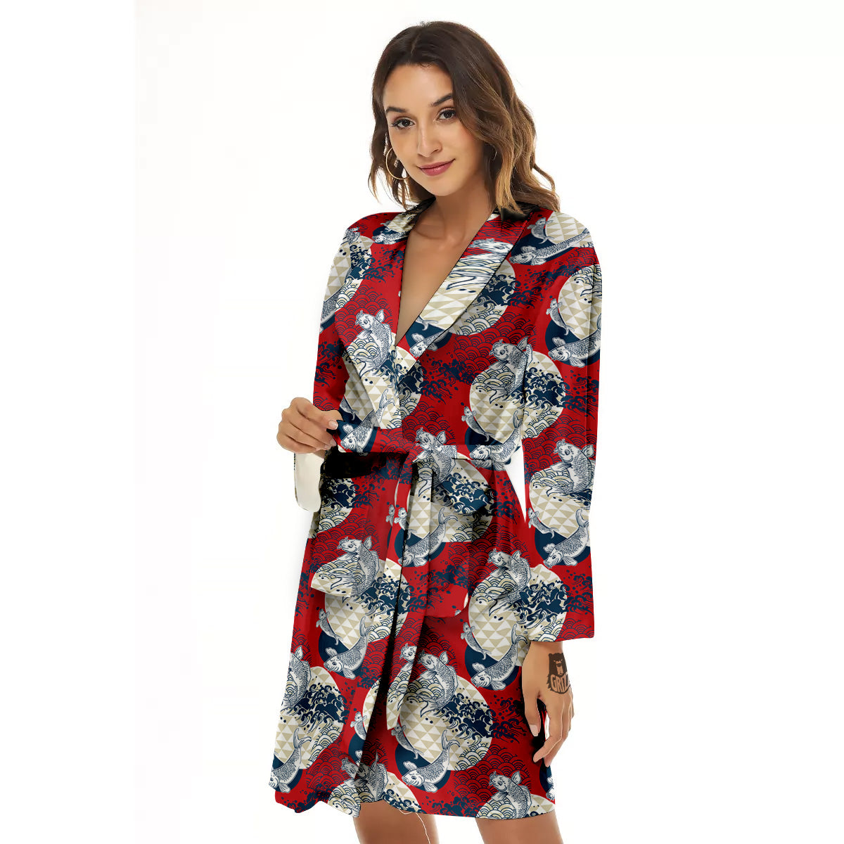 Koi Fish Japanese Wave Print Pattern Women's Robe-grizzshop