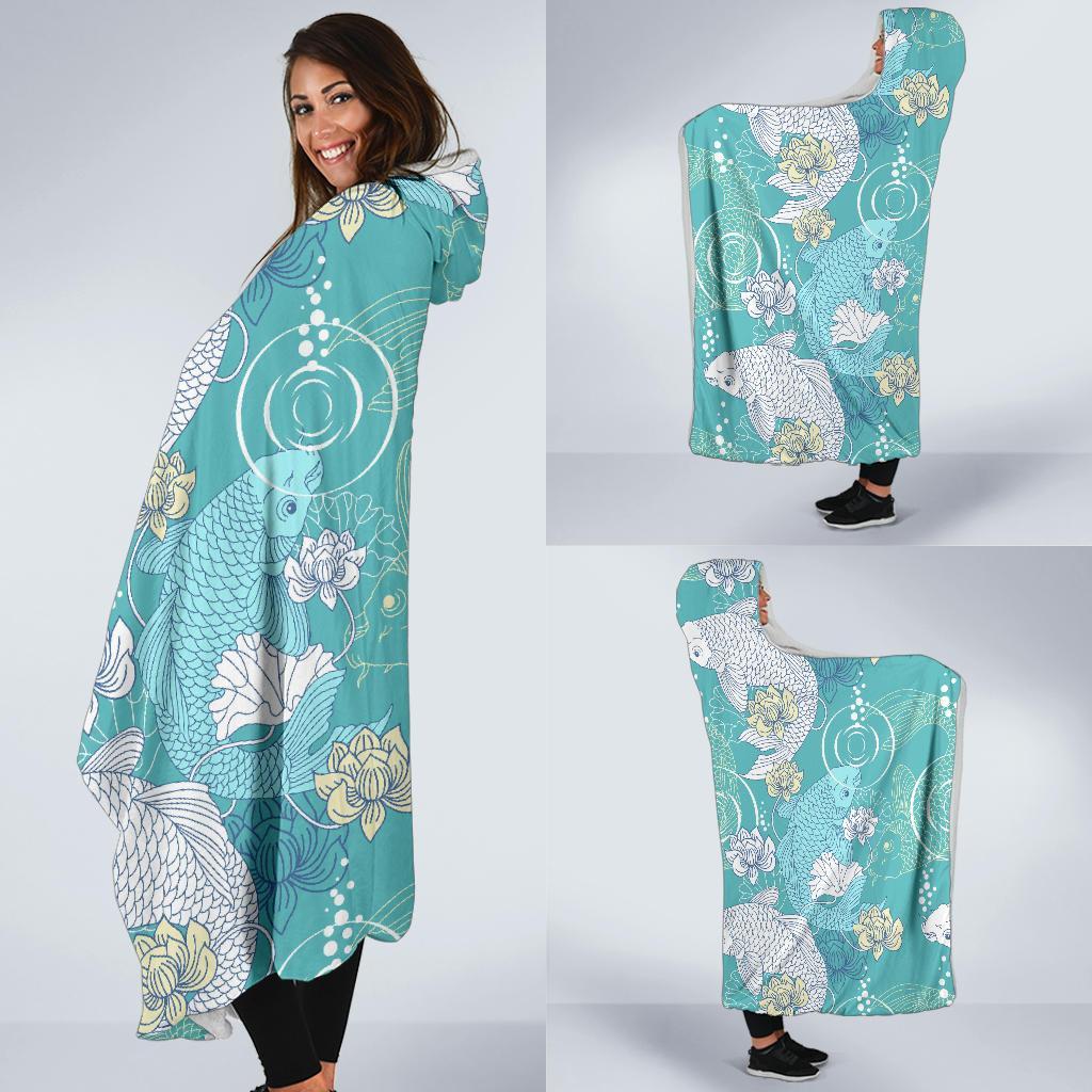 Koi Fish Lotus Pattern Print Hooded Blanket-grizzshop