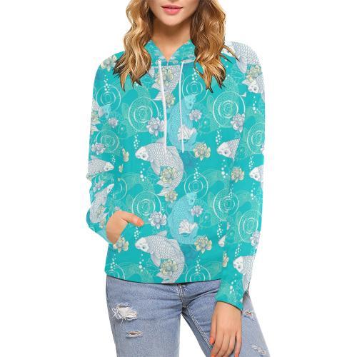 Koi Fish Lotus Pattern Print Women Pullover Hoodie-grizzshop