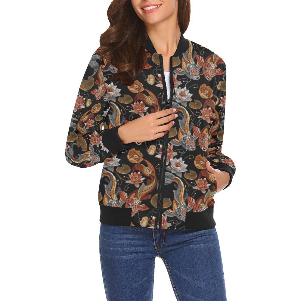 Koi Fish Crochet Lotus Pattern Print Women Casual Bomber Jacket-grizzshop