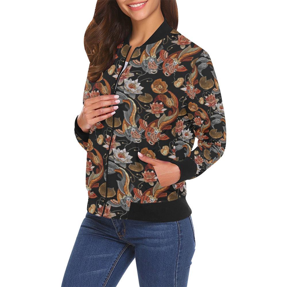 Koi Fish Crochet Lotus Pattern Print Women Casual Bomber Jacket-grizzshop