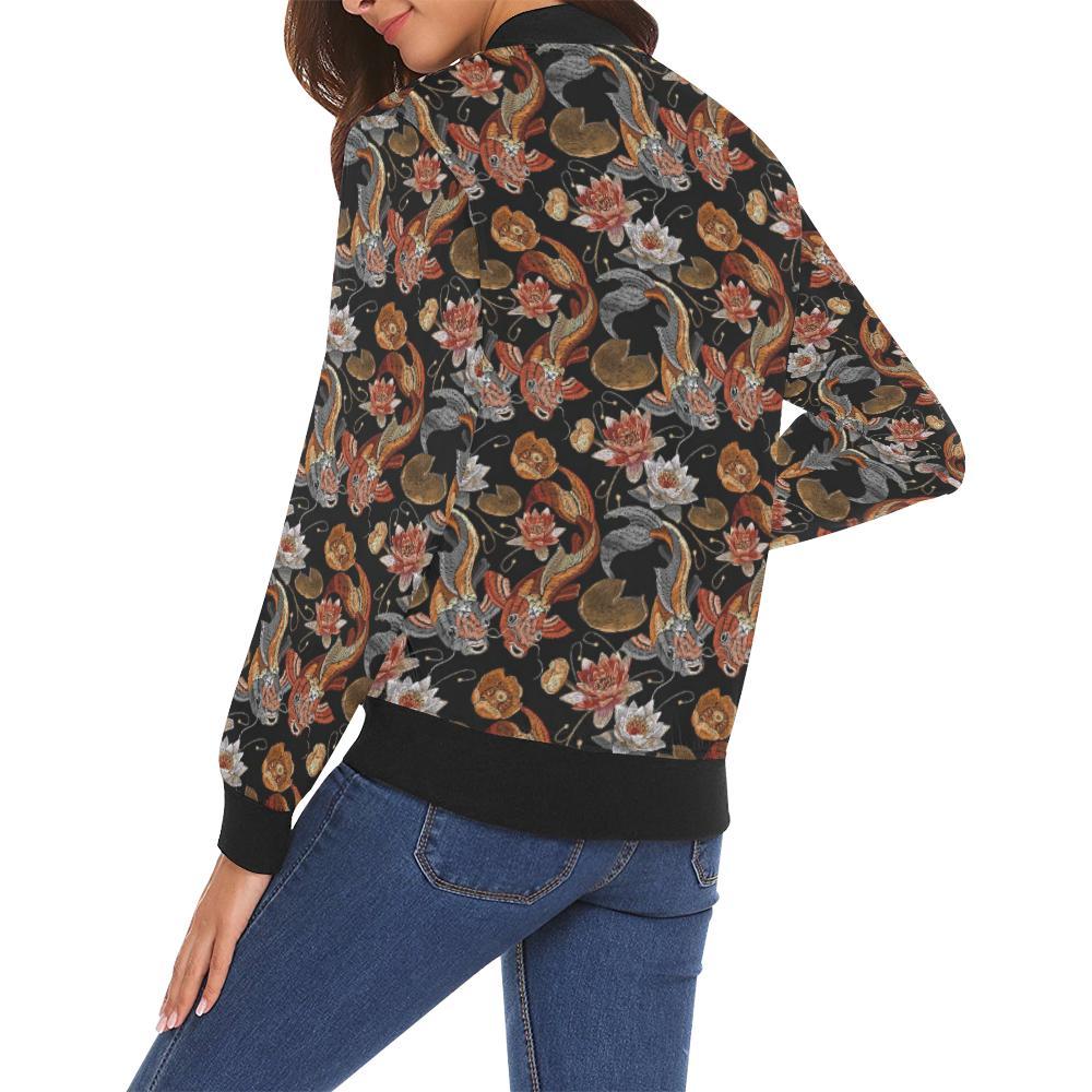 Koi Fish Crochet Lotus Pattern Print Women Casual Bomber Jacket-grizzshop