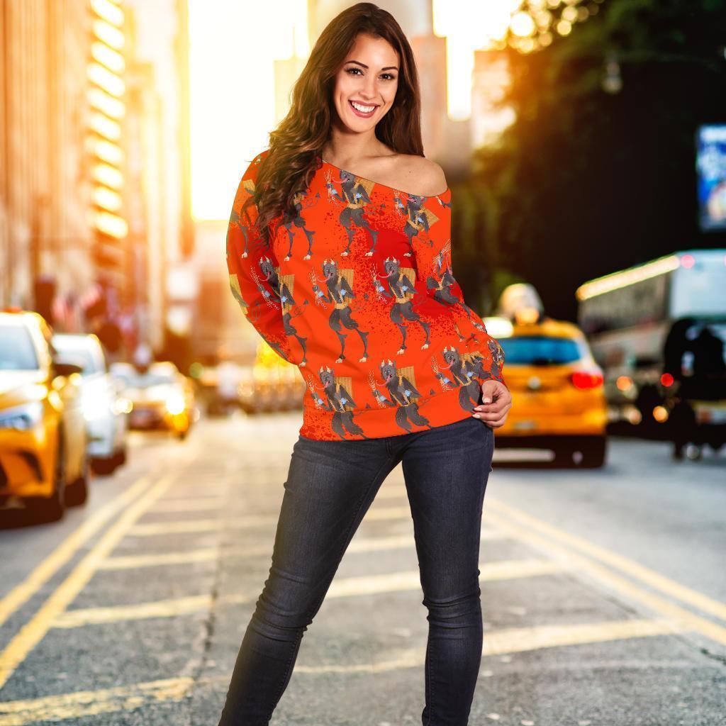 Krampus Pattern Print Women Off Shoulder Sweatshirt-grizzshop