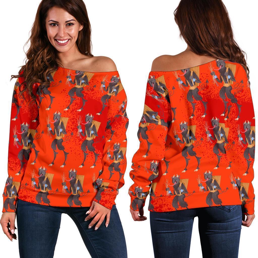 Krampus Pattern Print Women Off Shoulder Sweatshirt-grizzshop