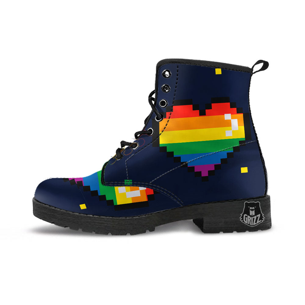 LGBT Pride 8 Bit Rainbow Pixel Heart Leather Boots-grizzshop