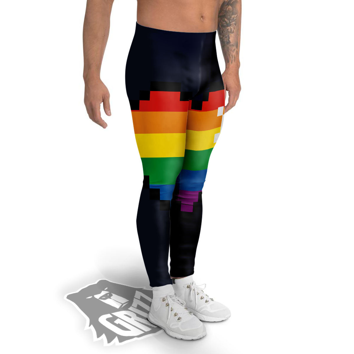 LGBT Pride 8 Bit Rainbow Pixel Heart Men's Leggings-grizzshop