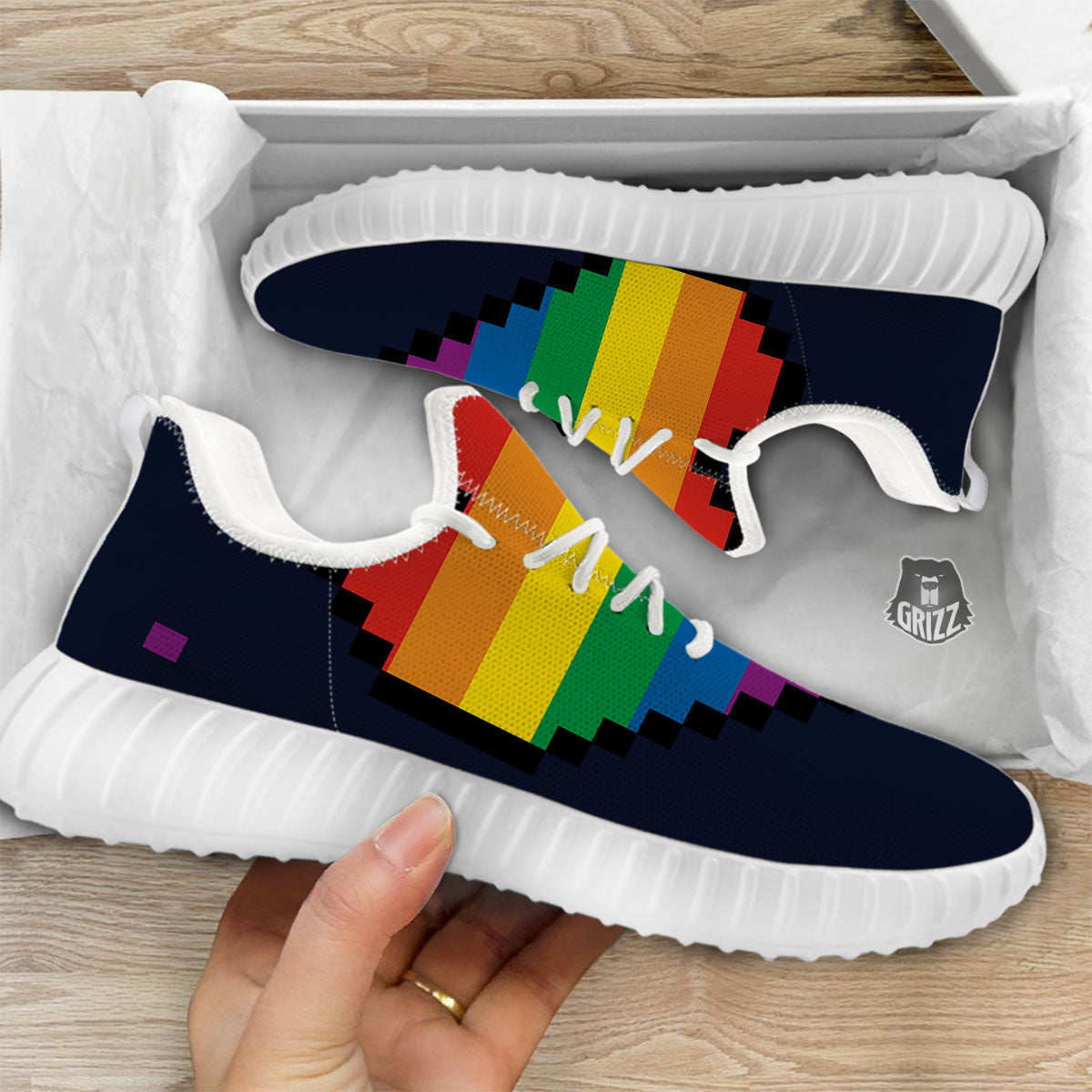 LGBT Pride 8 Bit Rainbow Pixel Heart White Walking Shoes-grizzshop