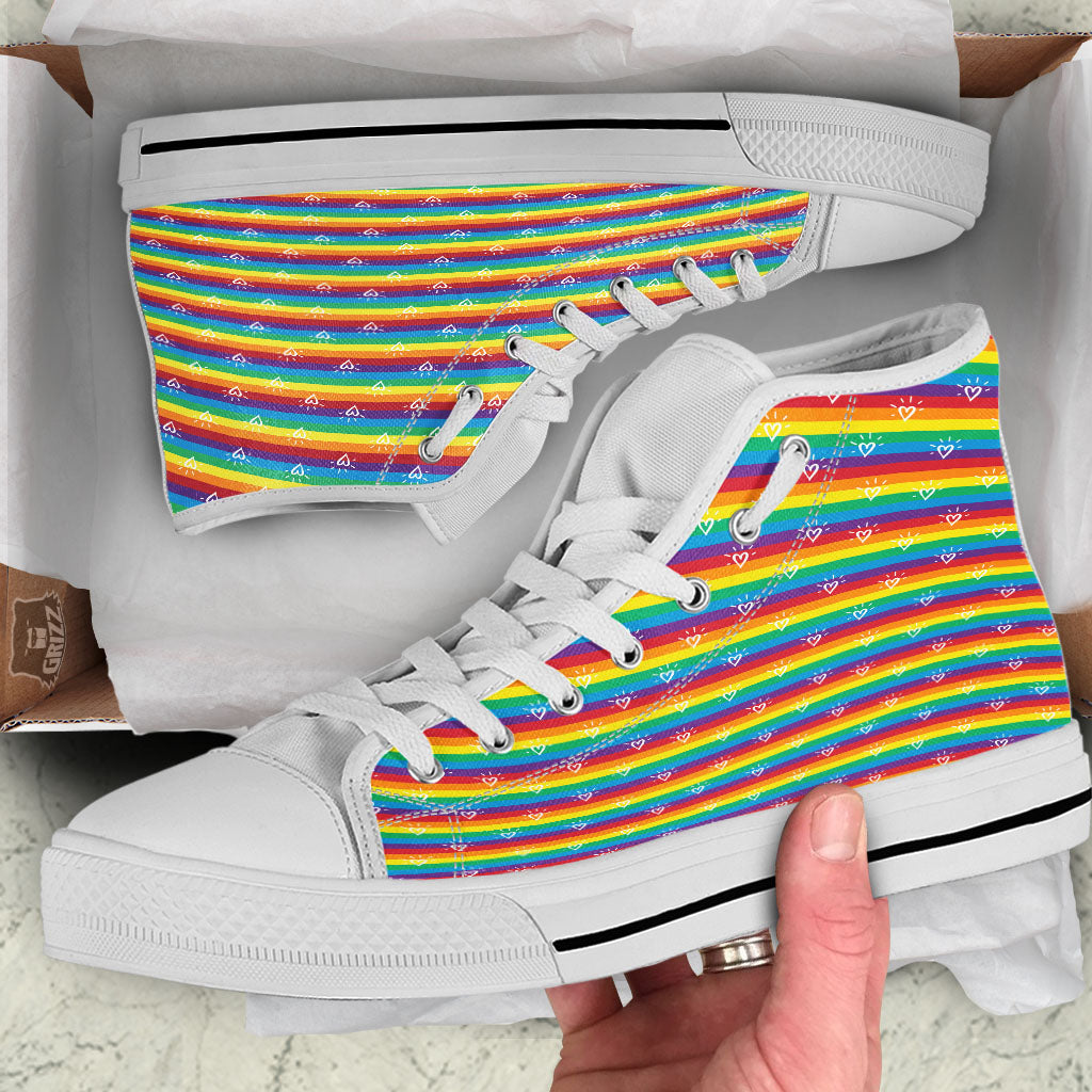 LGBT Stripes Abstract Rainbow Print White High Top Shoes-grizzshop