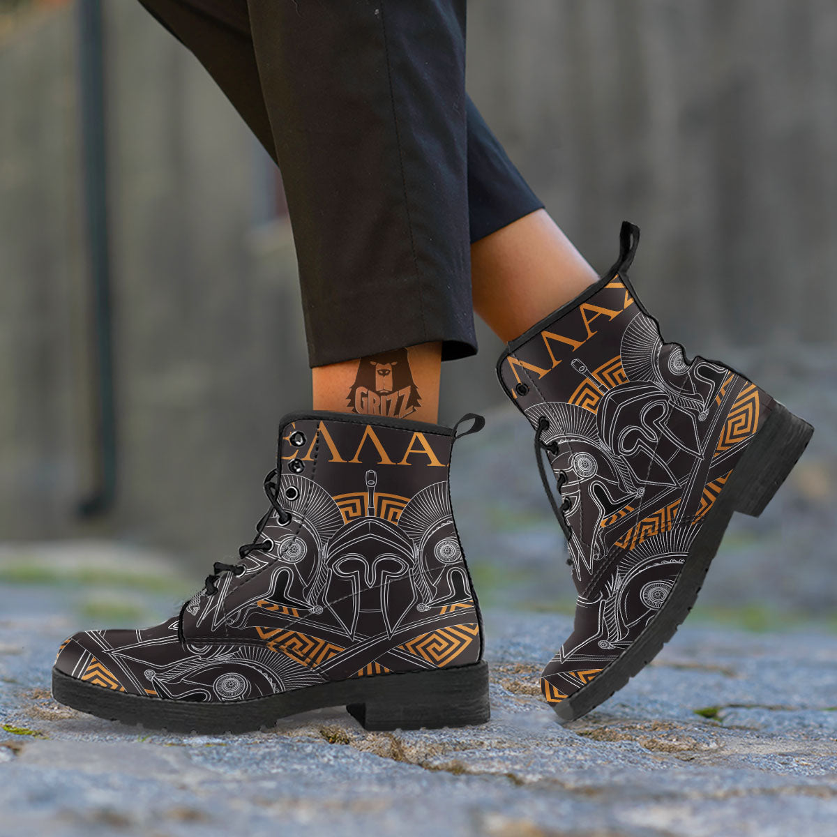 Labe Spartan Molon Print Leather Boots-grizzshop