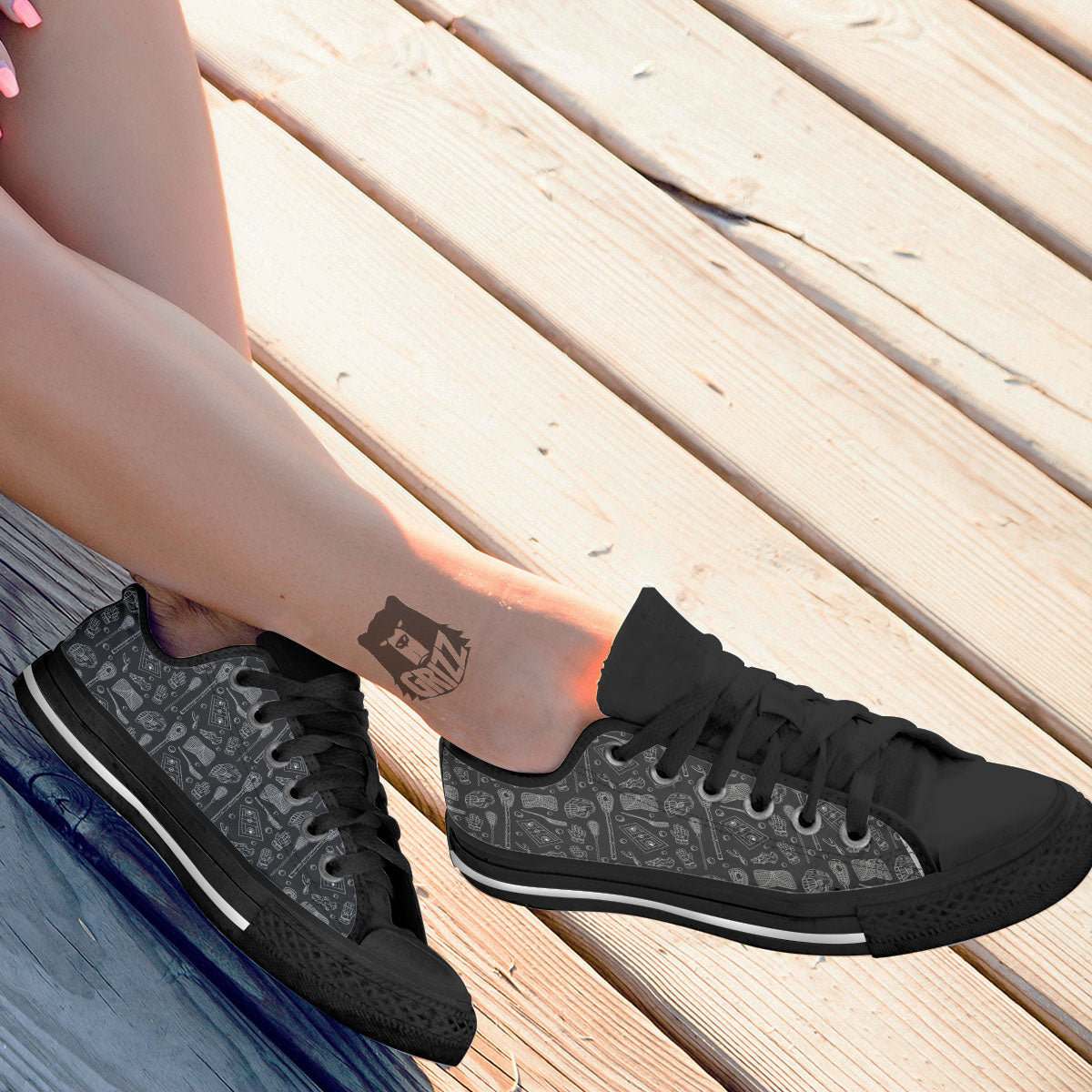 Lacrosse Doodle Print Pattern Black Low Top Shoes-grizzshop