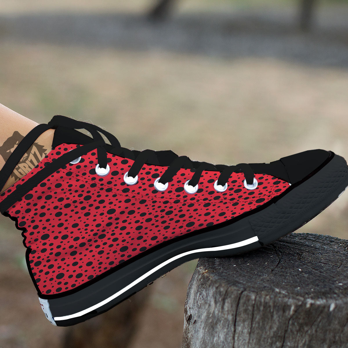 Ladybird Black Spots Print Pattern Black High Top Shoes-grizzshop