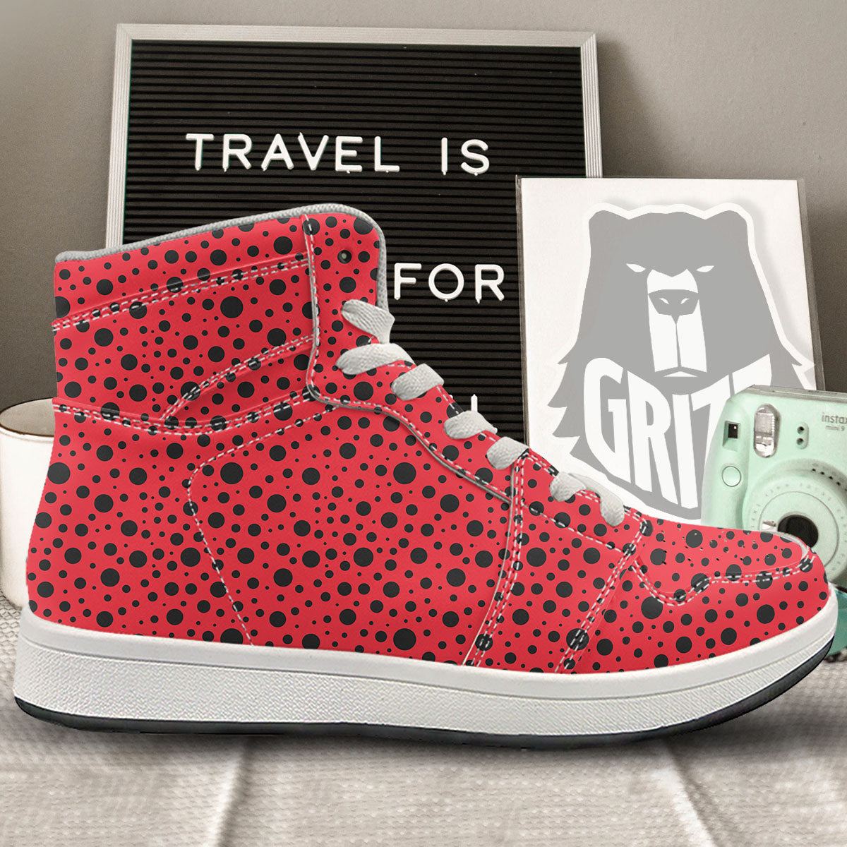Ladybird Black Spots Print Pattern High Top Sneakers-grizzshop