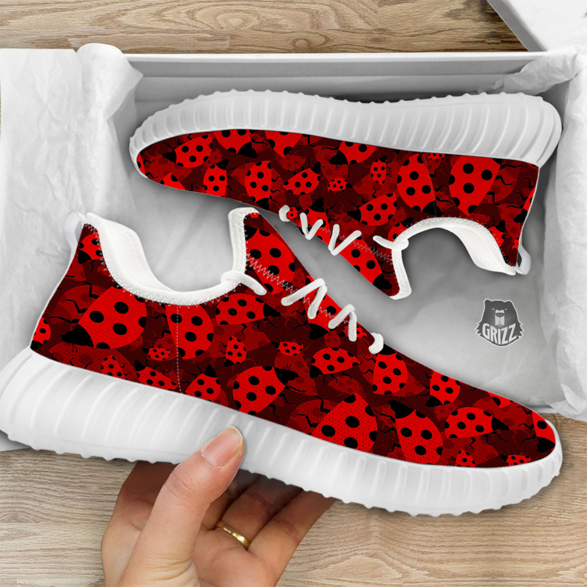 Ladybug Red Print Pattern White Walking Shoes-grizzshop