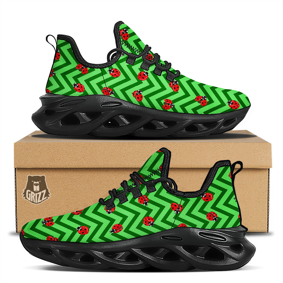 Ladybug Zigzag Green Pattern Black Running Shoes-grizzshop