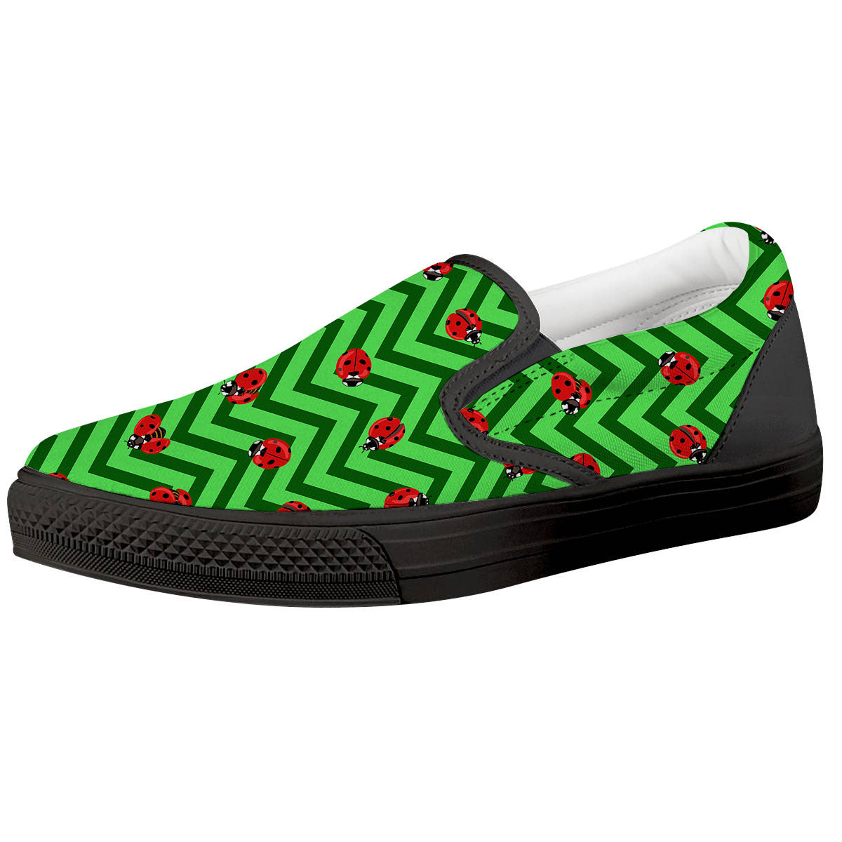 Ladybug Zigzag Green Pattern Black Slip On Shoes-grizzshop