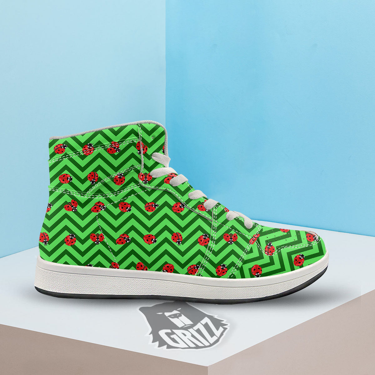 Ladybug Zigzag Green Pattern High Top Sneakers-grizzshop