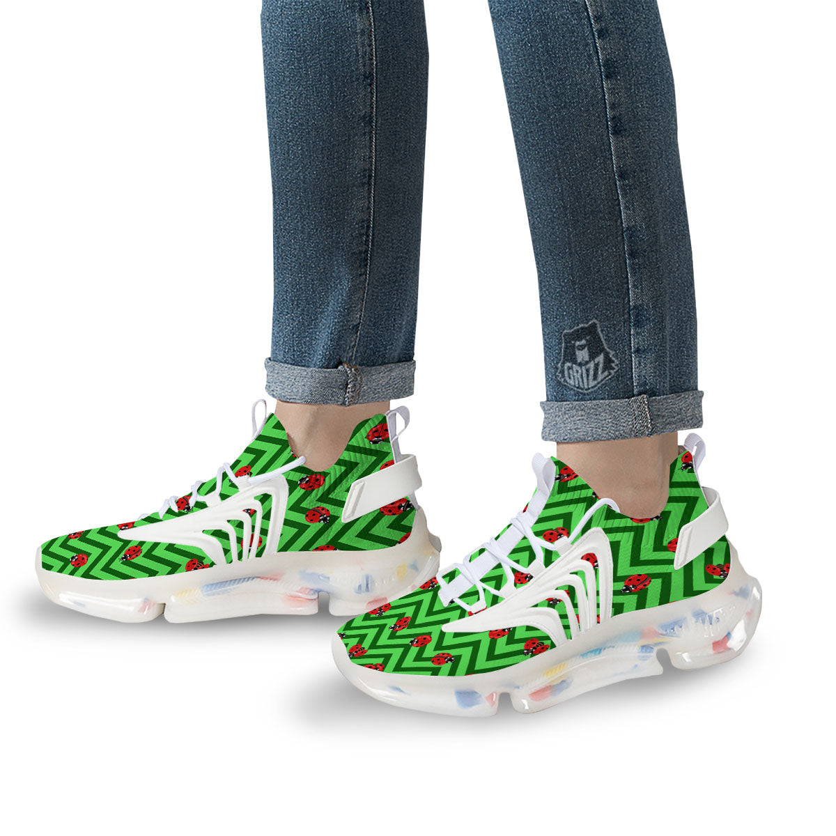 Ladybug Zigzag Green Pattern White Gym Shoes-grizzshop