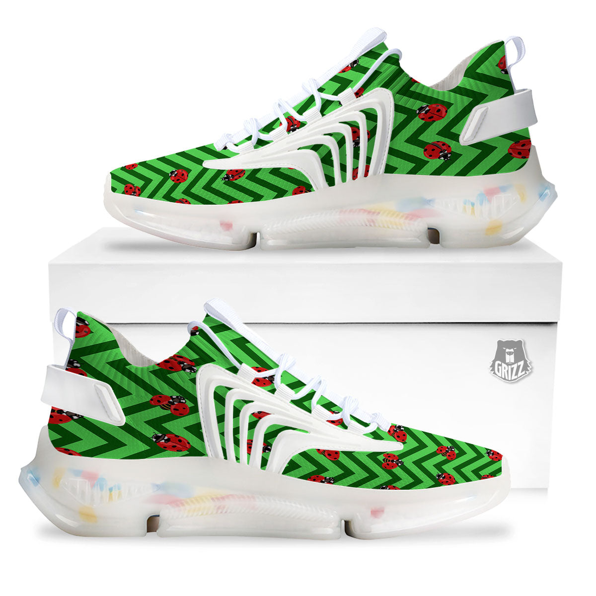 Ladybug Zigzag Green Pattern White Gym Shoes-grizzshop