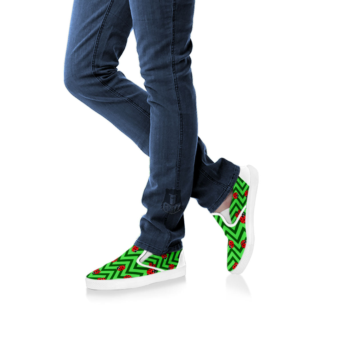 Ladybug Zigzag Green Pattern White Slip On Shoes-grizzshop
