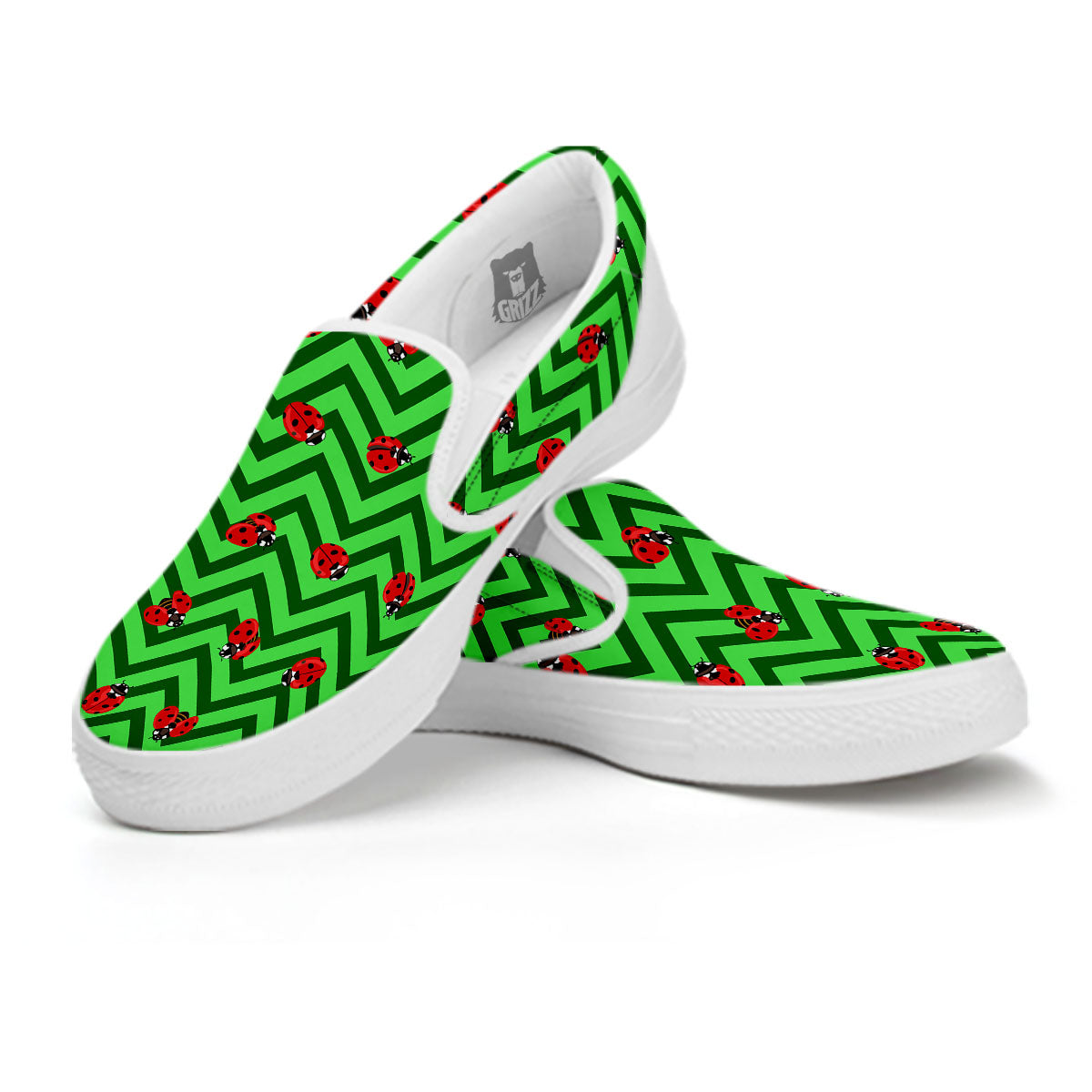 Ladybug Zigzag Green Pattern White Slip On Shoes-grizzshop