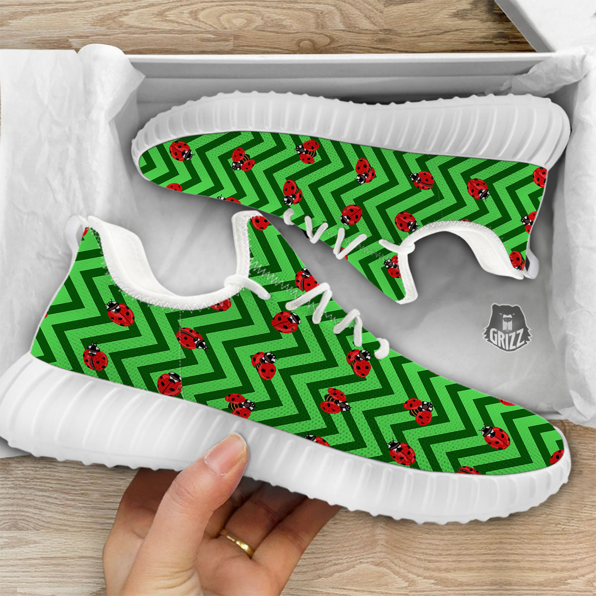 Ladybug Zigzag Green Pattern White Walking Shoes-grizzshop