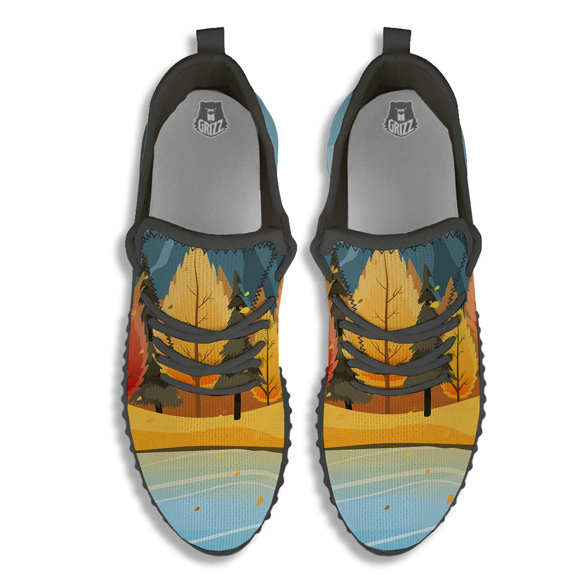 Lake Autumn Print Black Walking Shoes-grizzshop