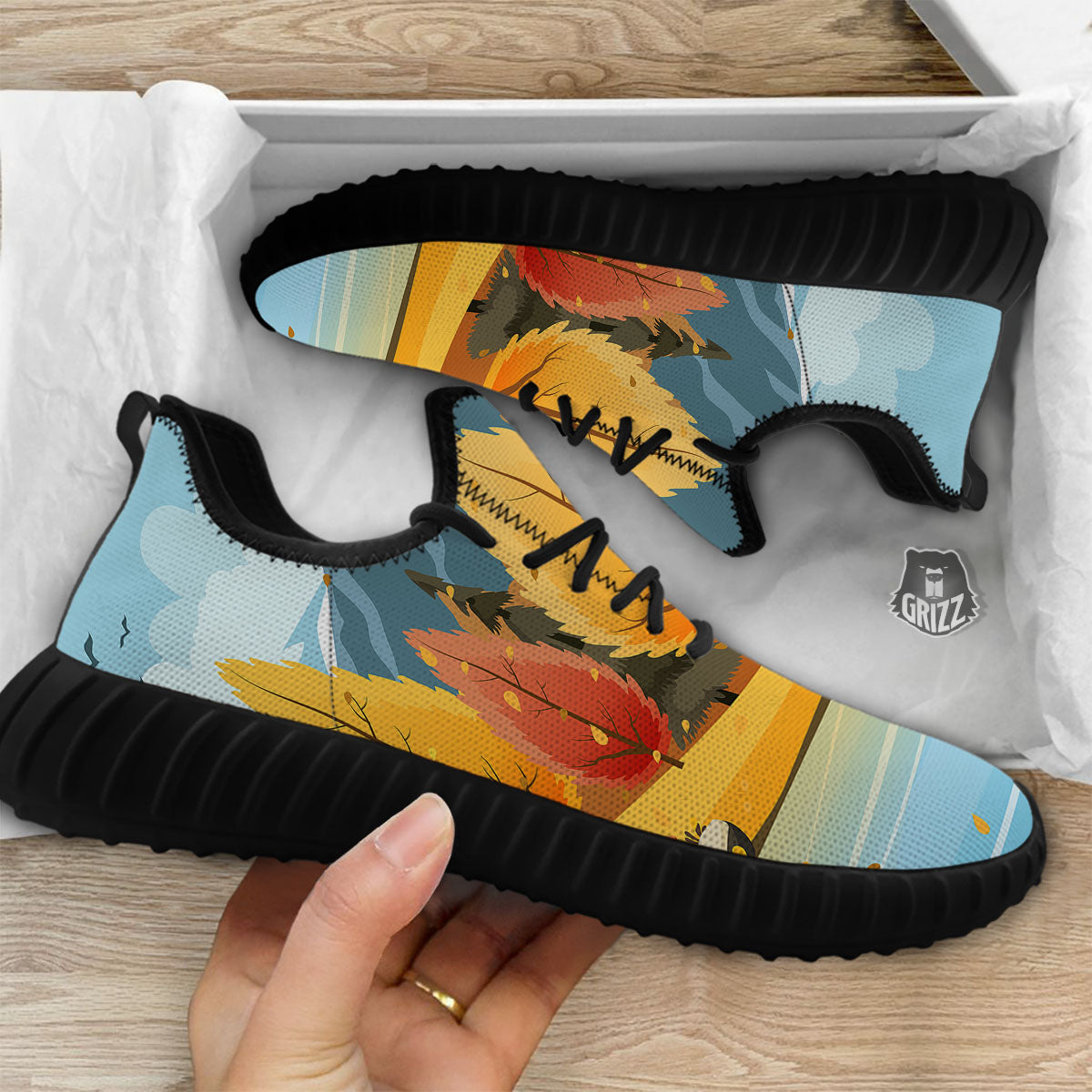Lake Autumn Print Black Walking Shoes-grizzshop
