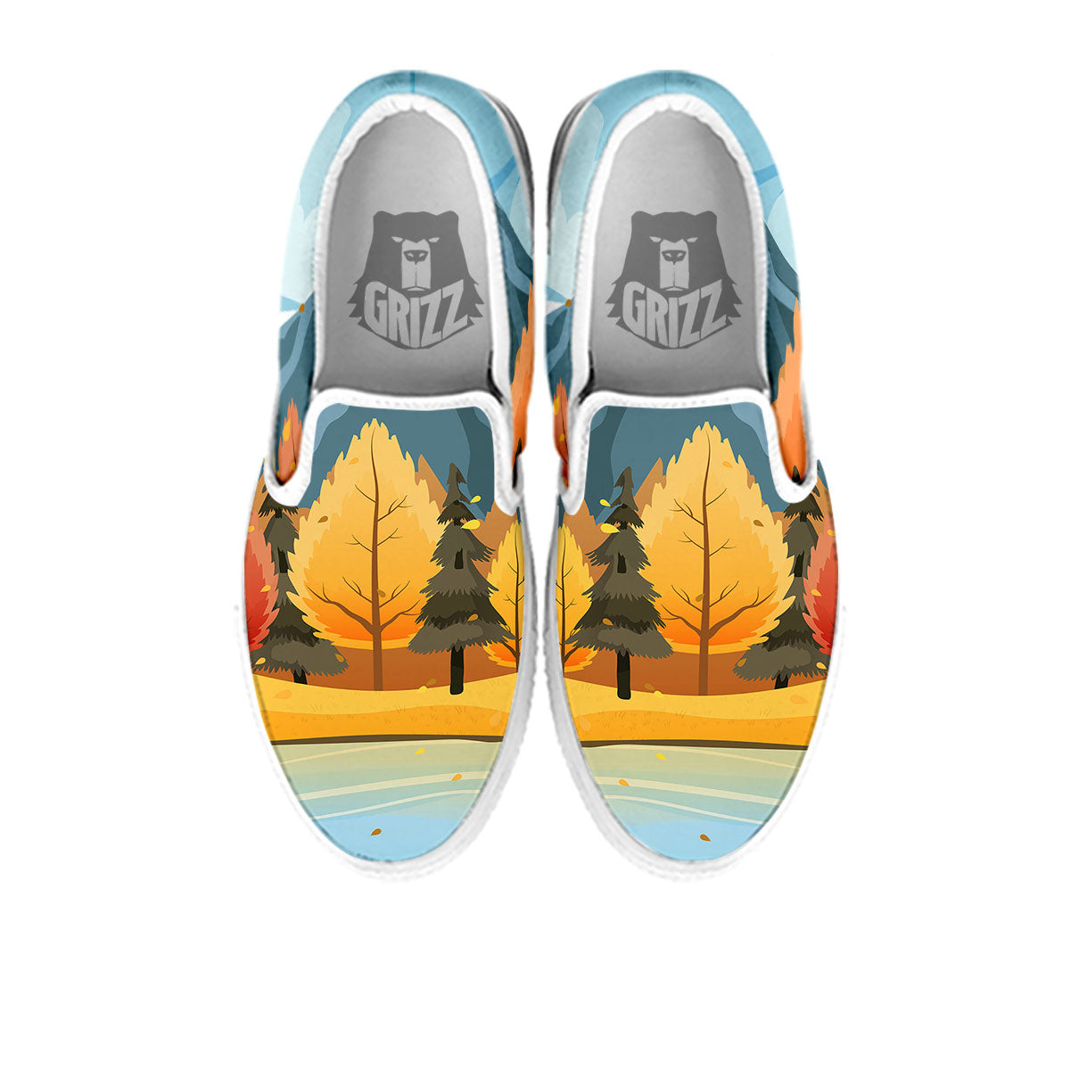 Lake Autumn Print White Slip On Shoes-grizzshop