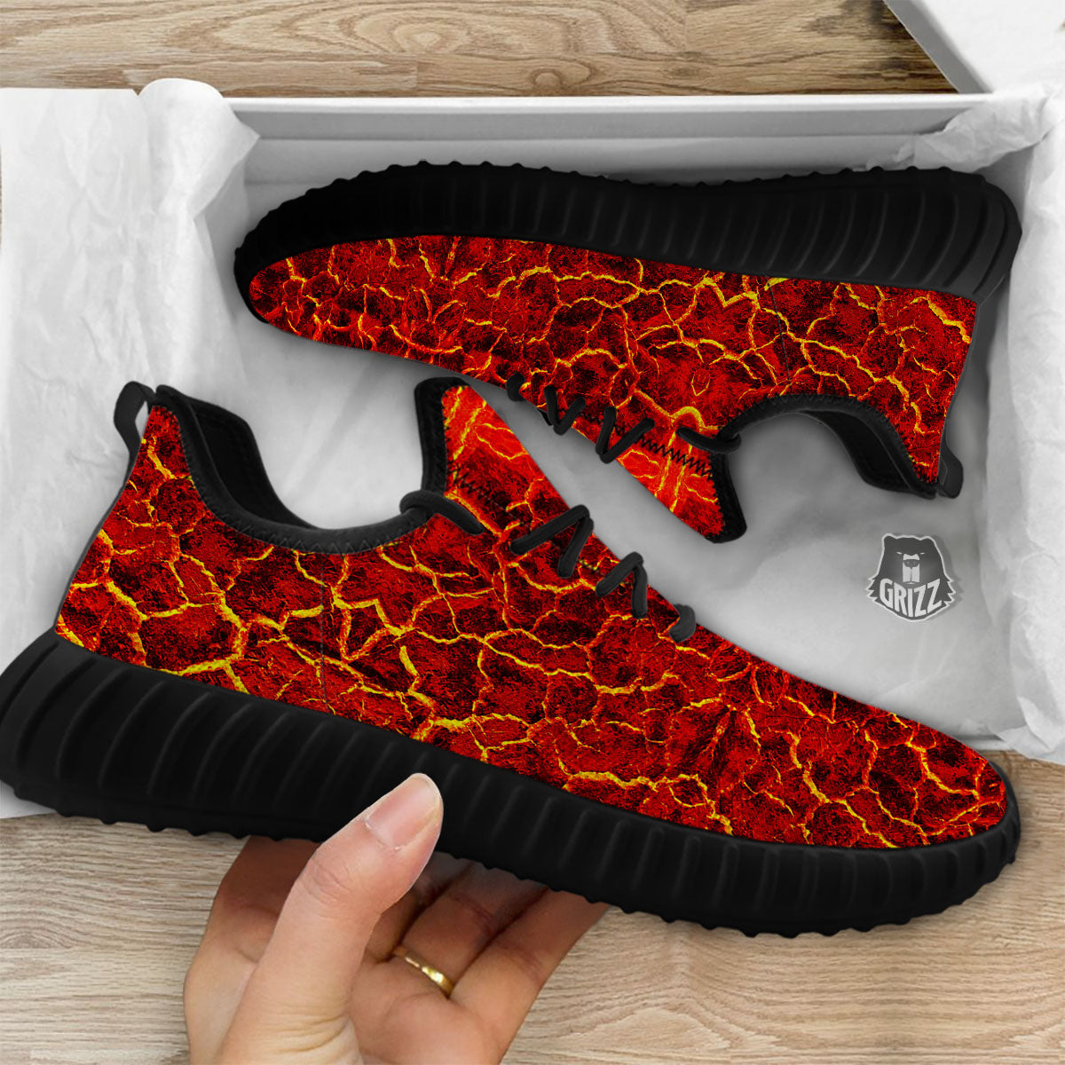 Lava Red Print Pattern Black Walking Shoes-grizzshop