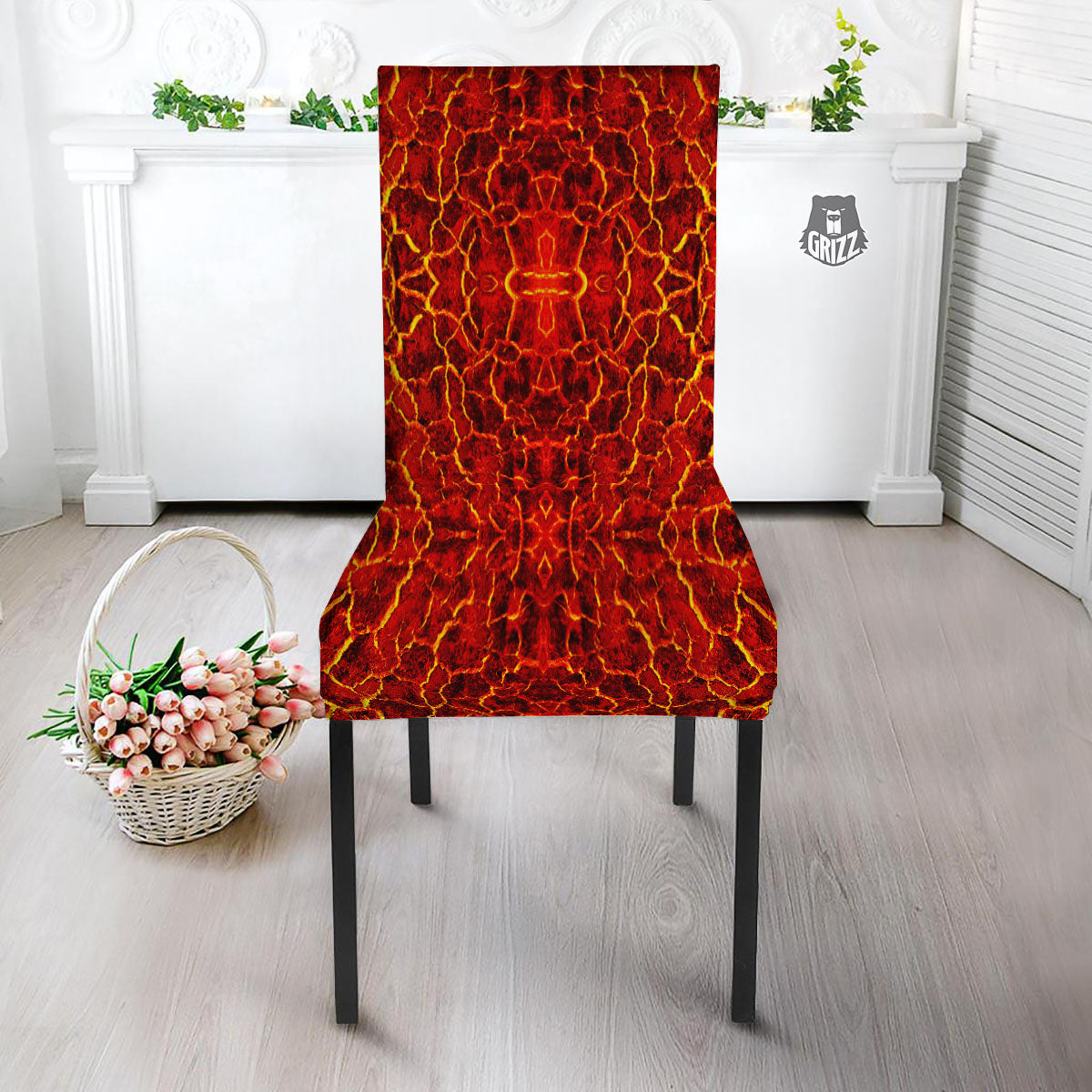Lava Red Print Pattern Dining Chair Slipcover-grizzshop