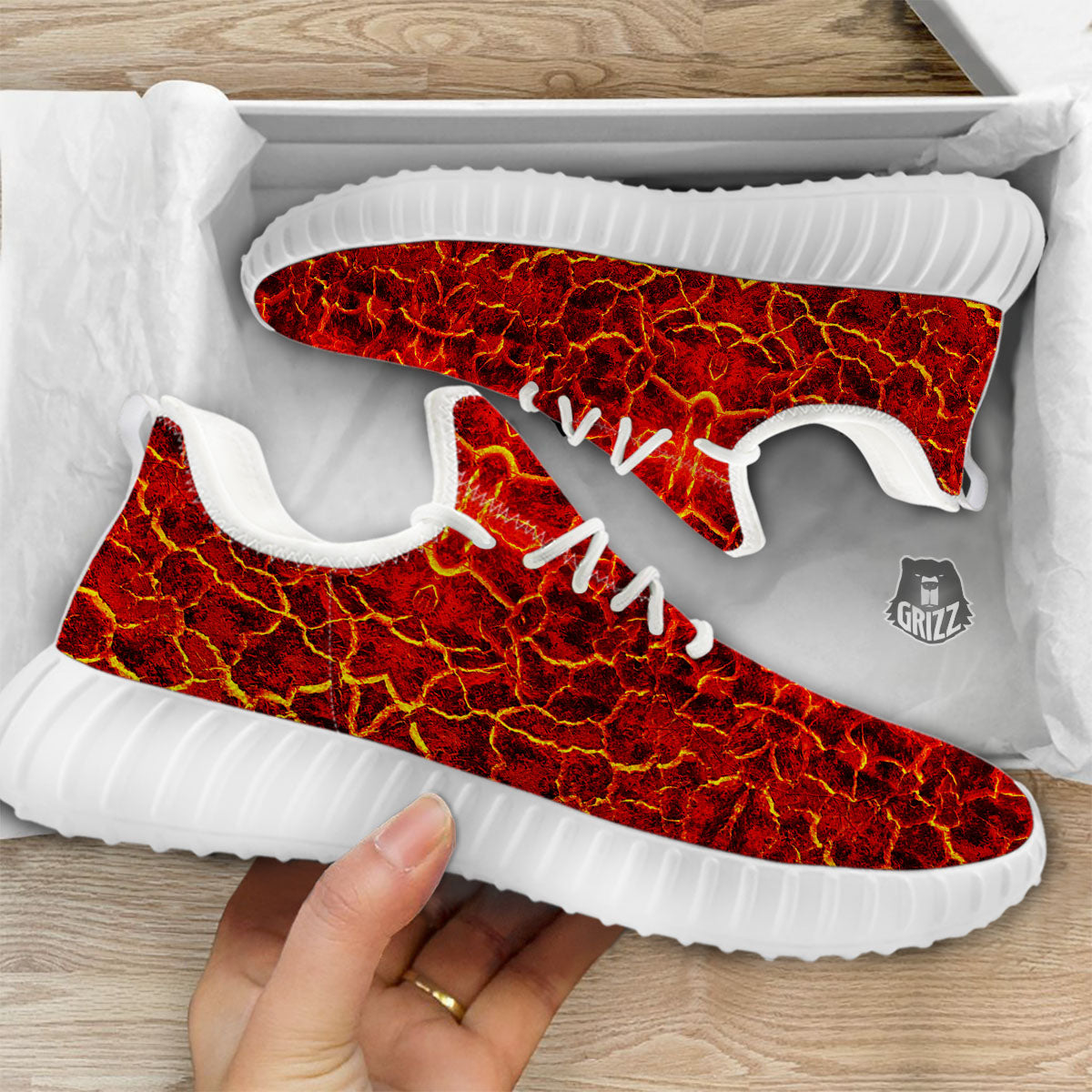 Lava Red Print Pattern White Walking Shoes-grizzshop