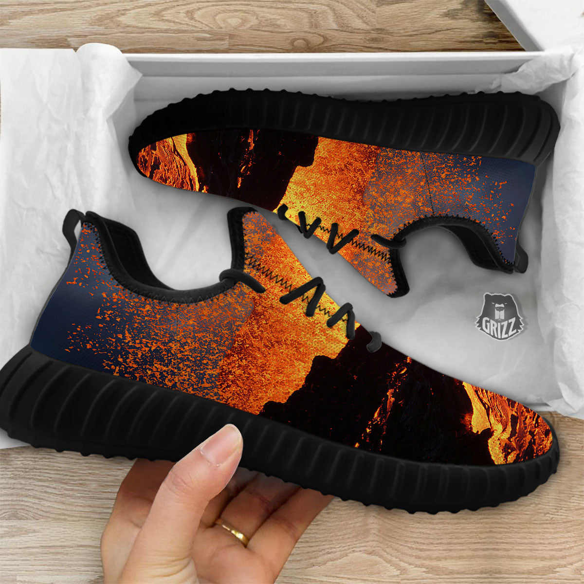 Lava Volcano Print Black Walking Shoes-grizzshop