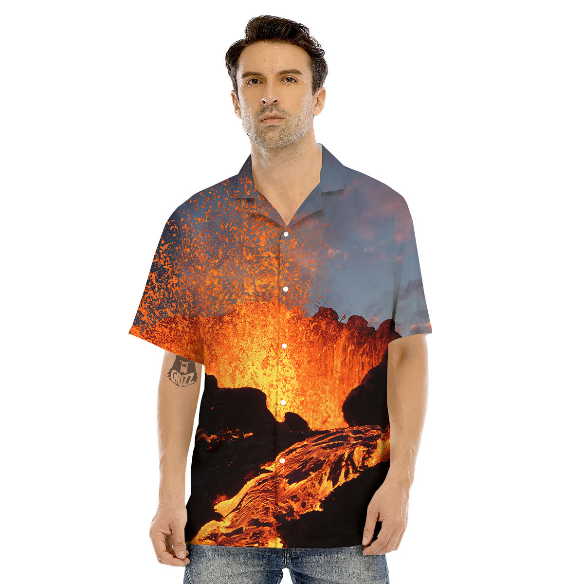 Lava Volcano Print Men's Hawaiian Shirt-grizzshop