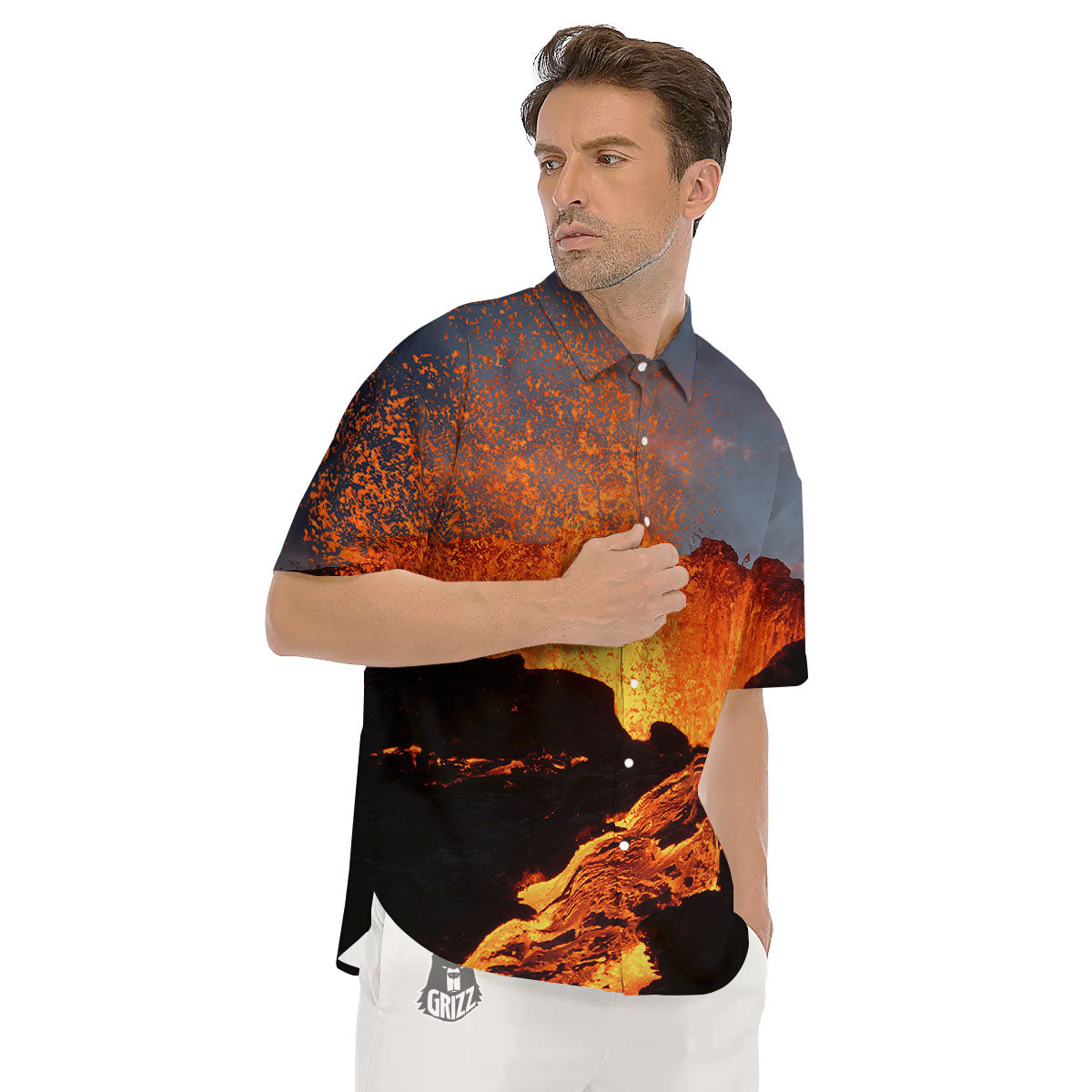 Lava Volcano Print Men's Short Sleeve Shirts-grizzshop