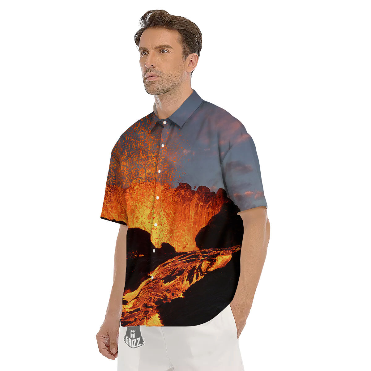 Lava Volcano Print Men's Short Sleeve Shirts-grizzshop