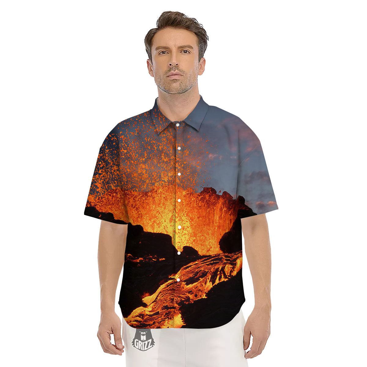 Lava Volcano Print Men's Short Sleeve Shirts-grizzshop