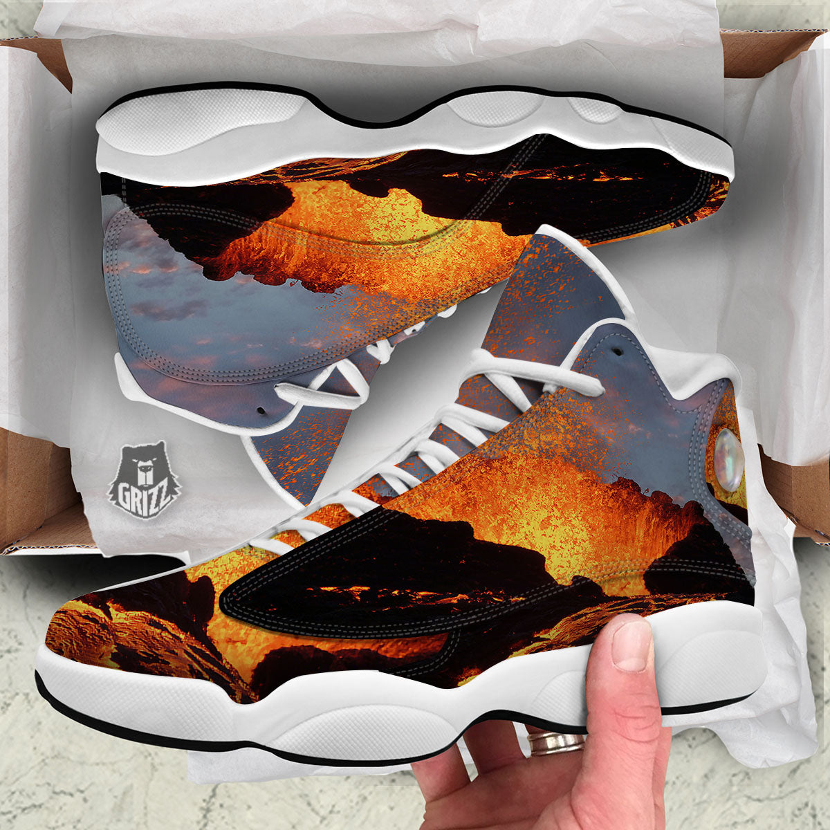 Lava Volcano Print White Basketball Shoes-grizzshop