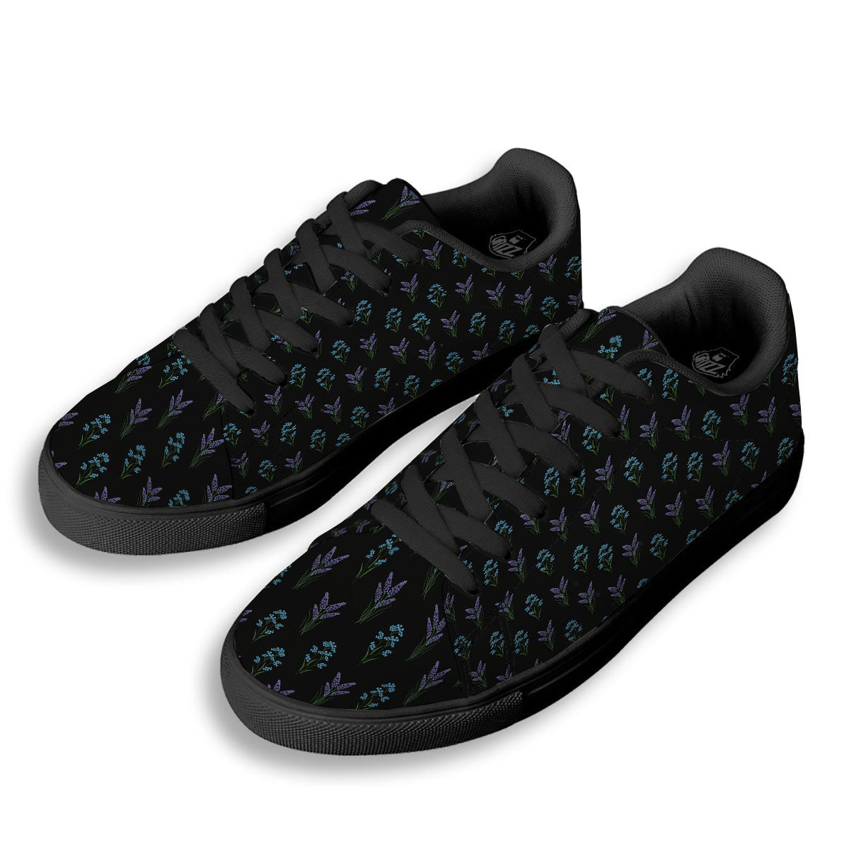 Lavender Embroidery Print Pattern Black Low Top Sneakers-grizzshop